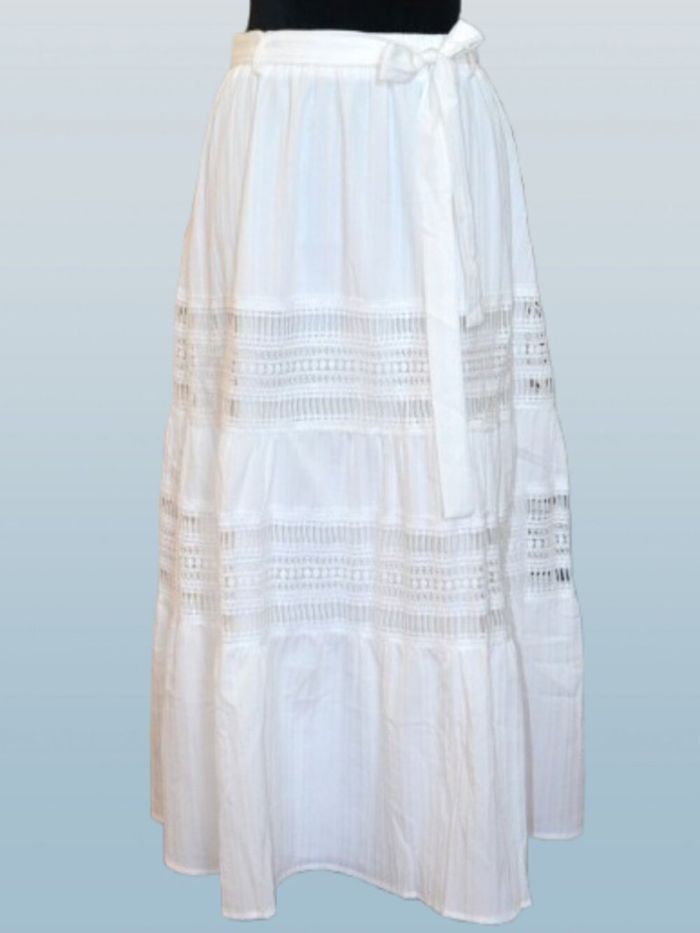 White Maxi Skirt sash Hollow out Peasant Prairie Lined Elastic Waist LARGE